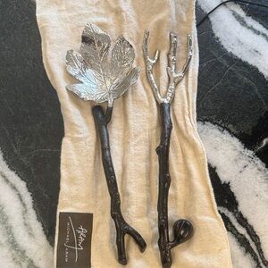 Michael Aram Silver and Black Leaf & Branch Serving Set